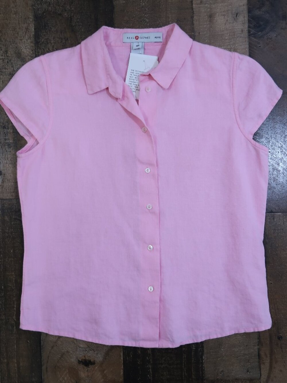 NWT Real Clothes Saks Fifth Avenue Womans 4 Petite Irish Linen Pink Button Up